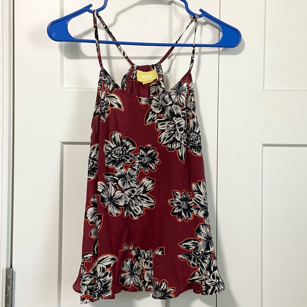 Anthropologie Maeve zabella floral ruffle silk tank top burgundy size 0